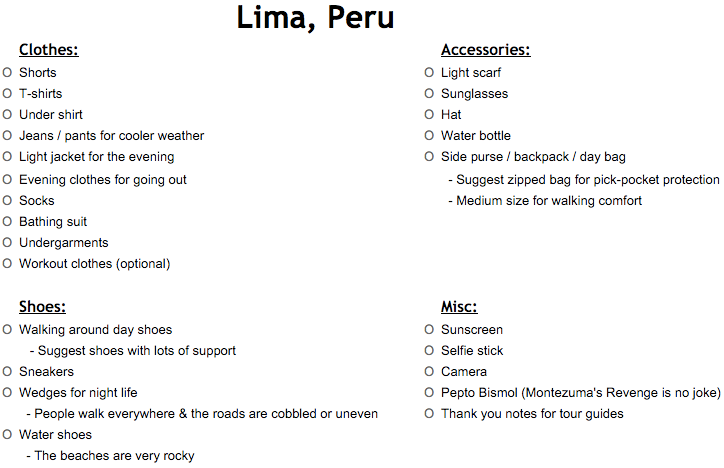 Lima Peru Packing List