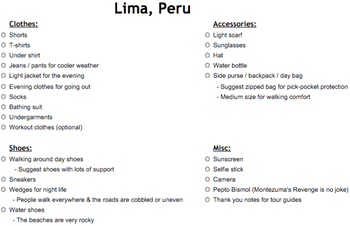 Lima Peru Packing List