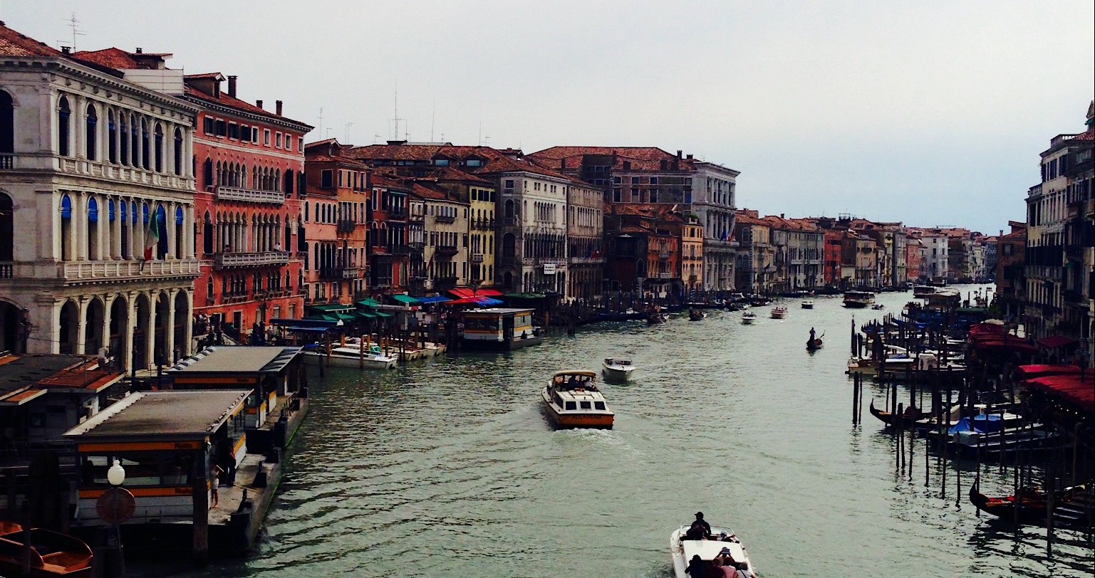 The view from atop a bridge in Venice, Italy