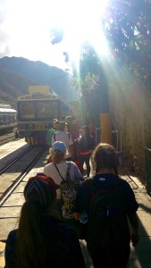 Getting on the train to Machu Picchu in Ruins in Ollantaytambo, Peru