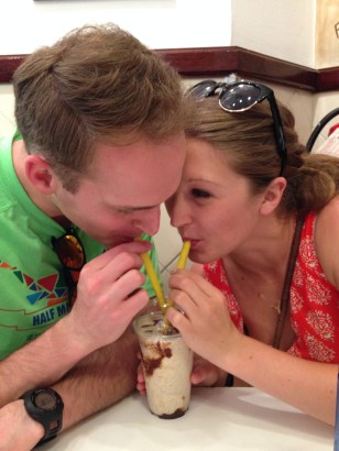 Splitting a La Lucha milkshake in Lima, Peru