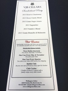 The wine tasting menu at VJB Winery in Sonoma, Ca