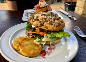 Lamb burger from Hot Waves Cafe in Hahei, New Zealand