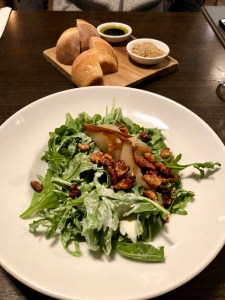 Pear salad, bread & dukkah from Huhu Cafe in Waitomo, New Zealand