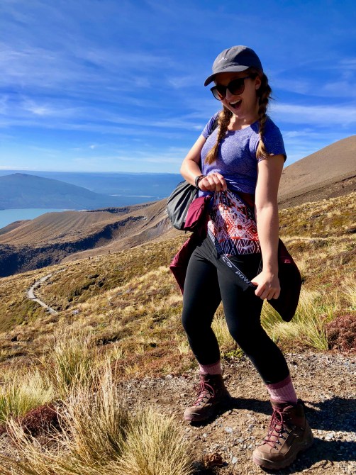 All of my pant layers on the Tongariro Alpine Crossing hike in New Zealand 